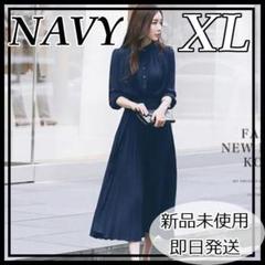 新品 プリーツ ワンピース レディース 紺 ネイビー フォーマル XL 卒業式