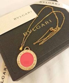 【正規 未使用】BVLGARI ビッグロゴ刻印金×桃チャーム/ネックレスチェーン