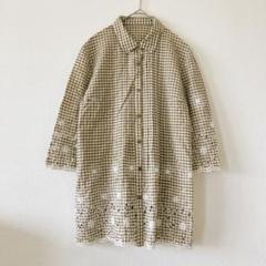 美品 moka ギンガムチェック ブラウス カーキ刺繍 レース S 4652
