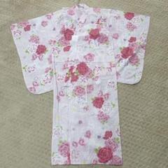 （120）浴衣 花柄 ピンク 子供 和服 ローズ柄 バラ 薔薇 リボン ハート