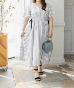 ストライプ Vネック 半袖 ロングワンピース　クレット　CLETTE 3L