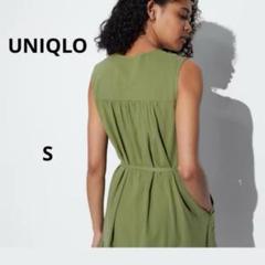 【美品】ユニクロ　ライトコットンワンピース　ノースリーブ　グリーン　S
