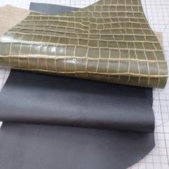 オリーブグリーン クロコダイル型押し革と黒革セット 牛革