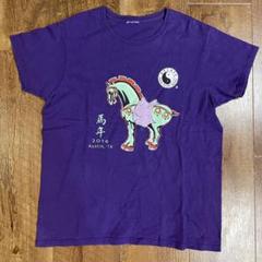 00s vintage 馬牛グラフィックプリント 紫半袖Tシャツ和風日本メンズM