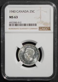 1940年 カナダ ジョージ6世 NGC MS63 銀貨 25セント カリブー 1940年 カナダ ジョージ6世 NGC MS63 銀貨 25セント カリブー