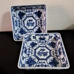 1696 林源右衛門 染付 古染風 梅紋 銘々皿 角皿　5客 1696 林源右衛門 染付 古染風 梅紋 銘々皿 角皿 5客