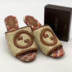 美品 希少 GUCCI グッチ ラフィア インターロッキング 花柄 サンダル