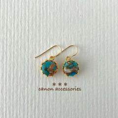 14kgfピアス / オイスターコッパーターコイズ ラウンド クラウン枠