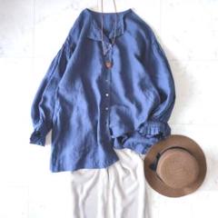 美品　ネストローブ　配色メローブラウス　リネン　麻　ネイビー　オーバーサイズ 美品 ネストローブ 配色メローブラウス リネン 麻 ネイビー