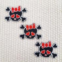 刺繡ワッペン　スカルりぼん　赤　プチ3枚セット