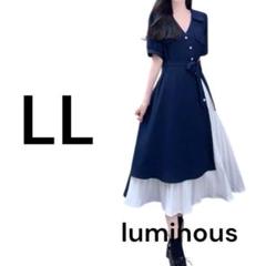 W⑩大きいサイズ ワンピース チュニック LL レディース 紺 トップスH9