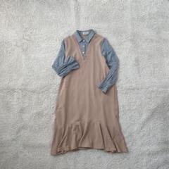 ジャンバースカート ロング丈 シャツドッキング Aライン ストレッチ カジュアル