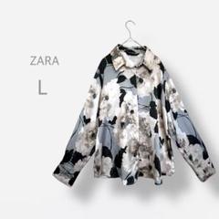 【ZARA】　高級感　長袖とろみシャツ　フラワープリント　比翼ボタン　モノトーン