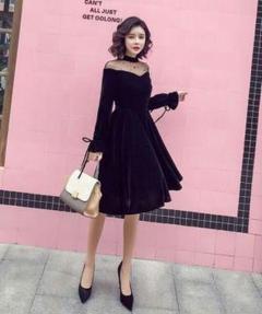 パーティドレス 結婚式 同窓会 二次会 ワンピース 袖あり 膝丈 黒Y1