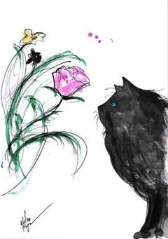 原画#3908 黒猫 花 水彩画 ドローイング インテリア アート