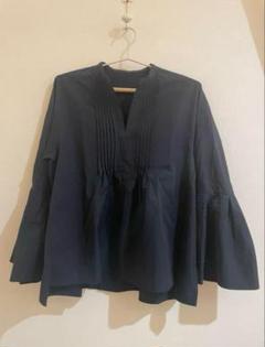 美品 マチャット ボウタイ ブラウス フリー ネイビー コットン混