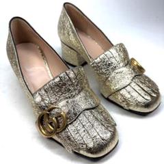 GUCCI グッチ　フリンジ　GGマーモント　パンプス NIB GUCCI GG MARMONT Fringe Double G Logo Flat Shoe Gold