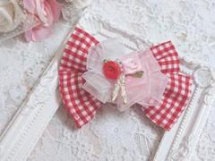 ハンドメイド ショートケーキ ギンガムチェックリボン 薔薇 ヘアアクセサリー