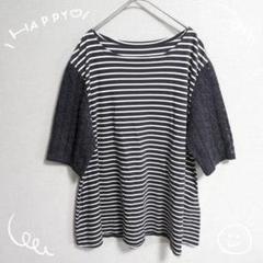 レディース シャツ ボーダー ネイビー 切り替え袖 レース ミセス