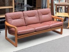 北欧ヴィンテージ☆1970s／デンマーク／3Pソファ／チーク材無垢／本革