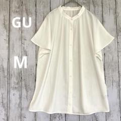 【GU】ジーユー　エアリーバンドカラーボタン付き フレアスリーブシャツ　白M