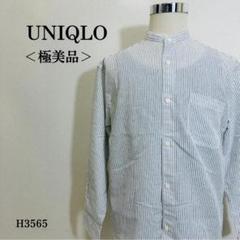 【極美品】ユニクロ コットンリネンスタンドカラーシャツ ストライプ Ｌホワイト系