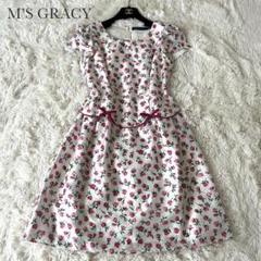 M'S GRACY バブリーワンピース 薔薇総柄 装飾金ボタン 9号