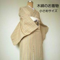 【木綿のお着物】小紋・縞柄・ベージュ系・単衣・小さめサイズ