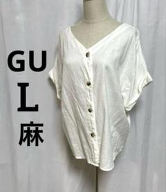 GU L 麻 ホワイト Vネック ボタン付き 半袖シャツ