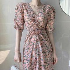 小清新で甘いvネックストラップ修身桔梗泡袖シフォンの花柄ワンピース