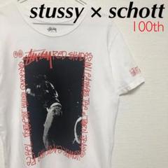 stussy × schott 100th print T-shirt / L