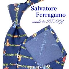 【大特価】Salvatore Ferragamo ネクタイ 犬 人 バイク 紺
