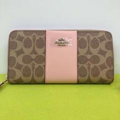 新品 コーチ ラウンドファスナー シグネチャーブラウン ピンクレザー