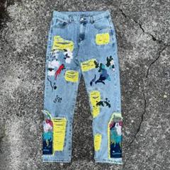 ダメージスリムデニムパンツ パッチ デザイン ストリート ジーンズ ストリート