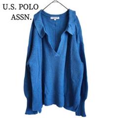2511 美品 ユーエスポロアッスン ポロデザインニット ブルー L