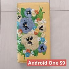 Android One S9 スマホケース 手帳型 パンジー刺繍