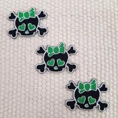 刺繡ワッペン　スカルりぼん　緑　プチ3枚セット
