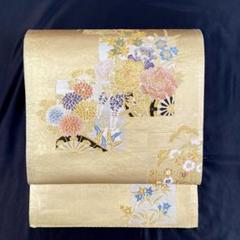 優貴色紙文 金糸 クリーム色 菊 菖蒲 蔦 六通 正絹 フォーマルな袋帯