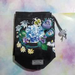 青薔薇の500ml専用ペットボトル巾着 トールペイント 手描き ハンドメイド