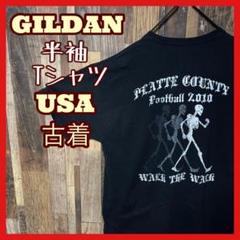 ブラック ギルダン プリント L メンズ スカル ガイコツ 古着 半袖 Tシャツ