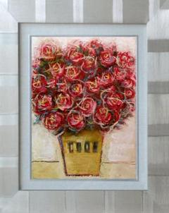 メルカリ 絵画　絵　額付き(銀）油絵　uF6-113402　花（ばら） メルカリ 絵画絵 額付き (銀）油絵uF6-113402花（ばら）