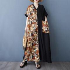 Vネック リゾート オーバーサイズ ロングワンピースI プリント 体型をカバー
