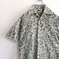 【ボタニカル】総柄シャツ 半袖 ヴィンテージ グリーン オープンカラー