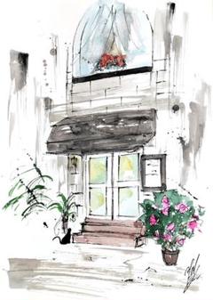 原画#3855　黒猫　カフェ　マルタ共和国　花　水彩画　ドローイング　インテリア 原画#3627 黒猫 レストラン マルタ共和国 水彩画 ドローイング