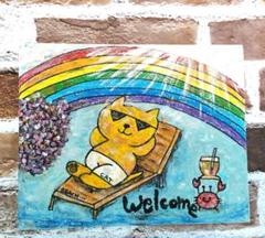 ◎猫と虹welcome 油絵 猫 アート
