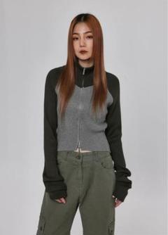 【BLACK UP】フェイナー配色ニットジップアップ　カーキのサムネイル