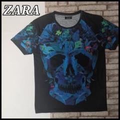 ZARA スカル どくろ ボタニカル Tシャツ 総柄 ガイコツ ブラック 黒色