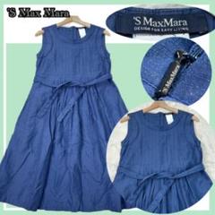✨美品✨S Max Mara リネン混 タック ノースリーブ ワンピース 紺40 ✨美品✨S Max Mara リネン混 タック ノースリーブ ワンピース