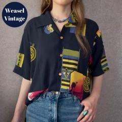 ヴィンテージ レトロ古着 総柄シャツブラウス 半袖 アラビアン 金ボタン