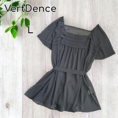 VertDence シアードットブラウス　半袖　チュニック丈　黒×白　L
